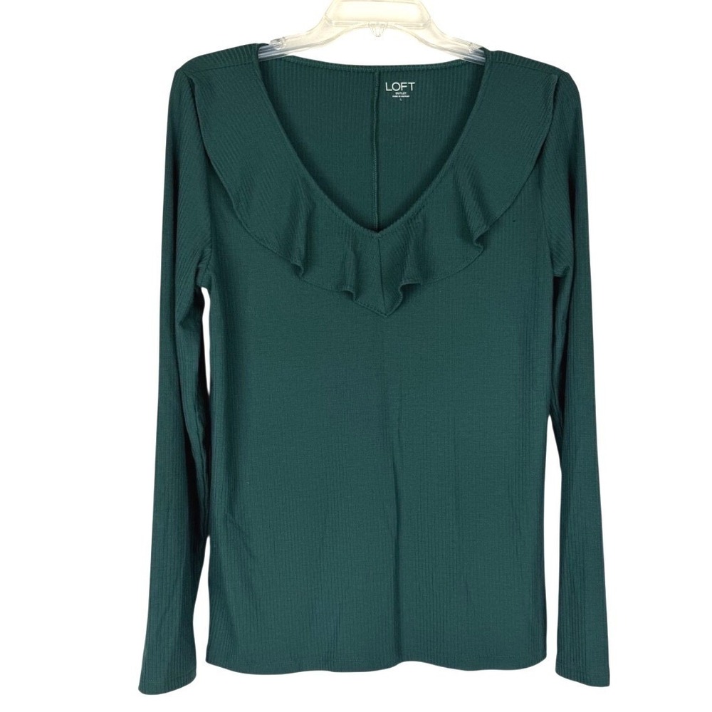 LOFT‎ Emerald Green Ribbed Long Sleeve Shirt Top Ruffle Neck Whimsy Romantic Lg
